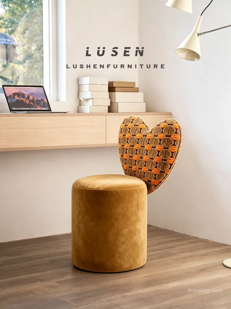 Vintage Round Fabric Vanity Chair Heart Shaped Backrest Makeup Stool For Bedroom Home