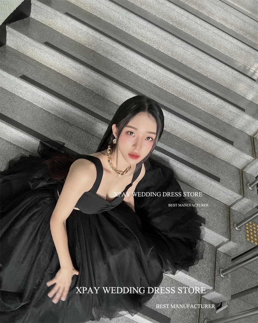 XPAY Sweetheart Black Korea Evening Dresses Cut Out Pleats Tulle Wedding Photo shoot Gowns Elegant Sparkly Formal Party Dress