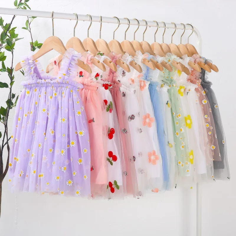 

INSChildren Shirt Summer New Suspender Girls Dress Embroidery Sweet Gauze Skirt Children's Dress Princess Dress Wholesale