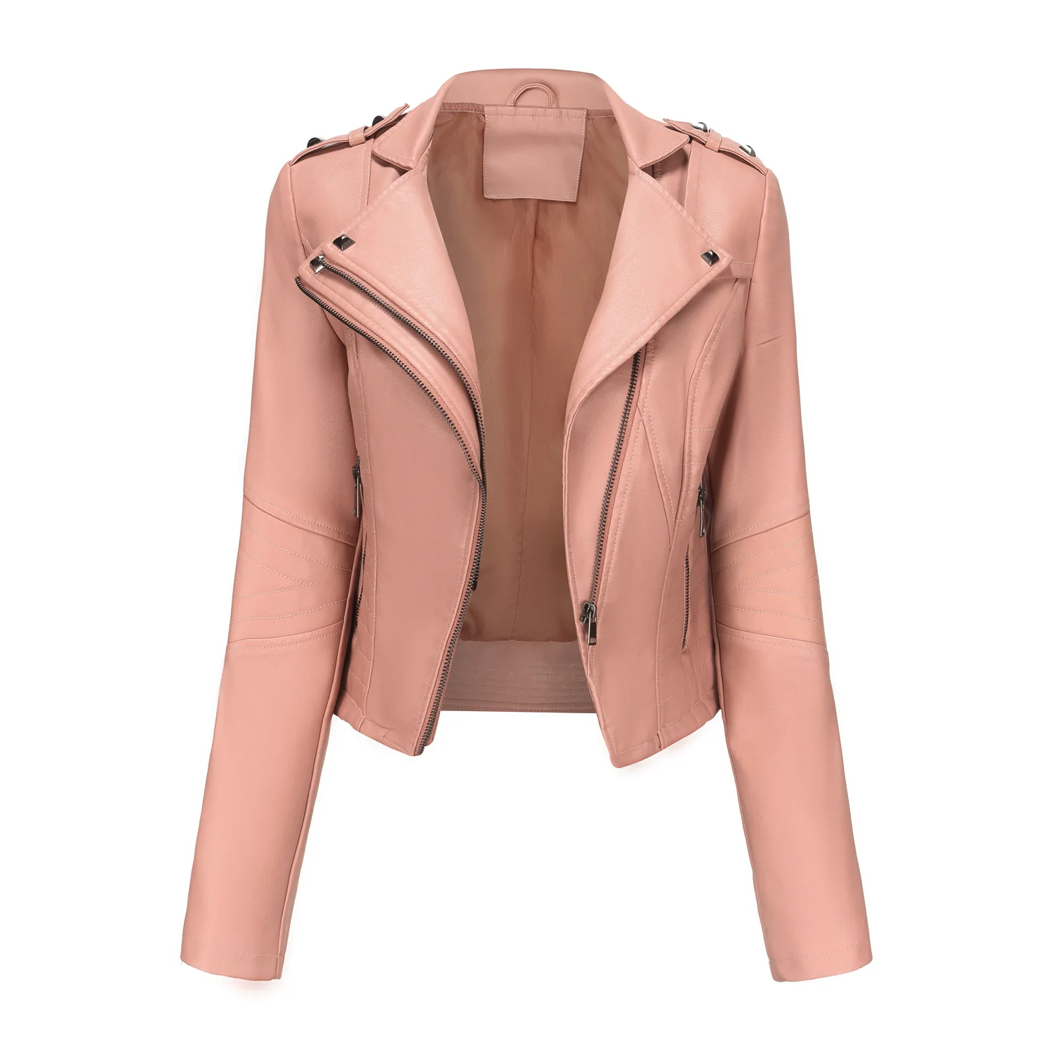 

Women's Leather Jacket New Slim Long Sleeved Spring and Autumn Rivet Short Coat Zipper