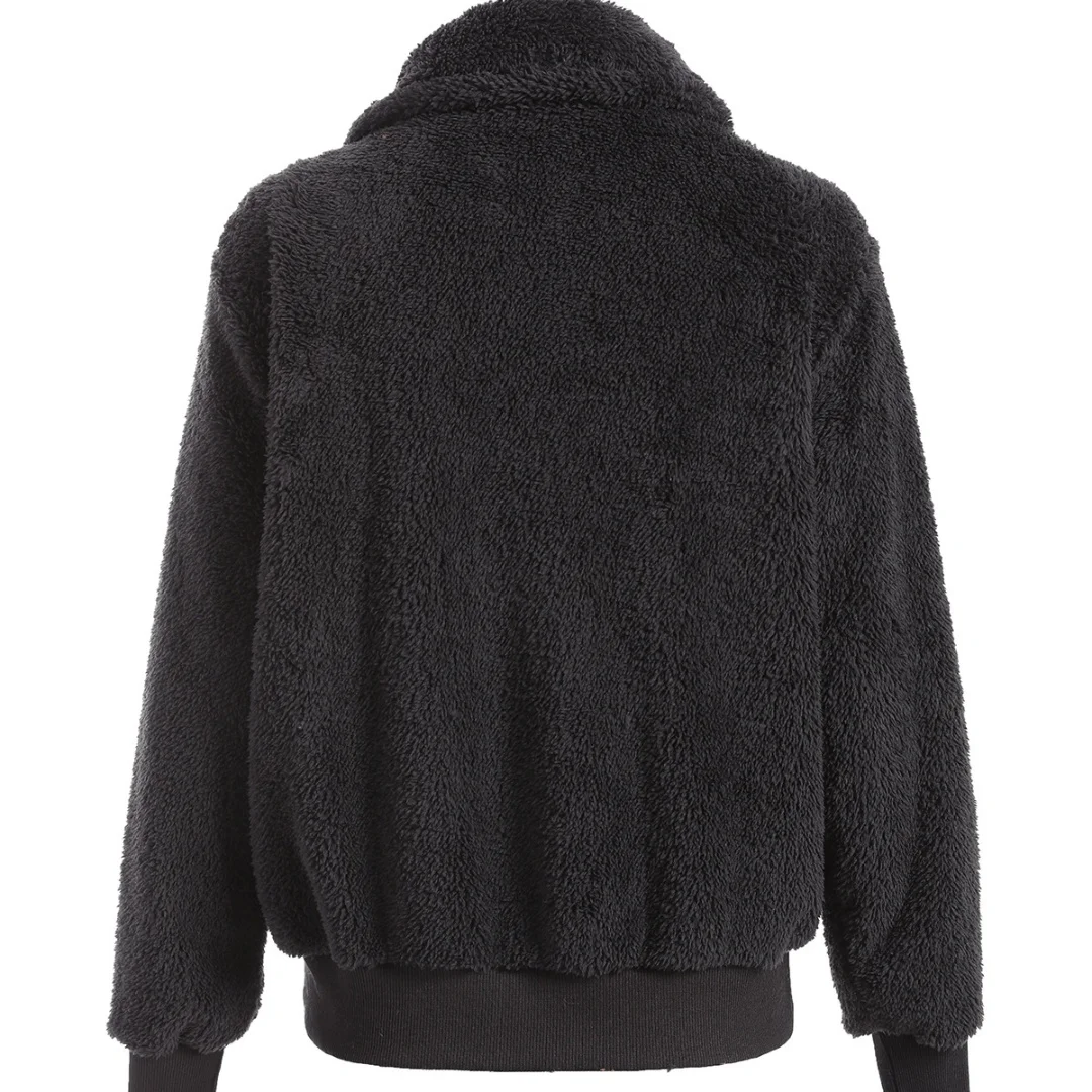 女性用長袖スリムコート、厚手のぬいぐるみオーバーコート、ジップアップ、ソフト、モノクロ、ラペル、カジュアル、伸縮性のあるカフ、屋外ショートジャケット、暖かい、冬