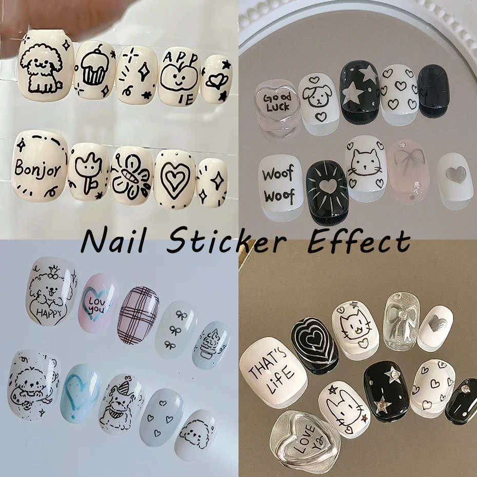 2Pcs Cartoon Cute Cat Nail Childlike Stickers Holographic Love Heart Bronzing Star Sliders Silver Chrome Nail Art Manicure Decor images - 6