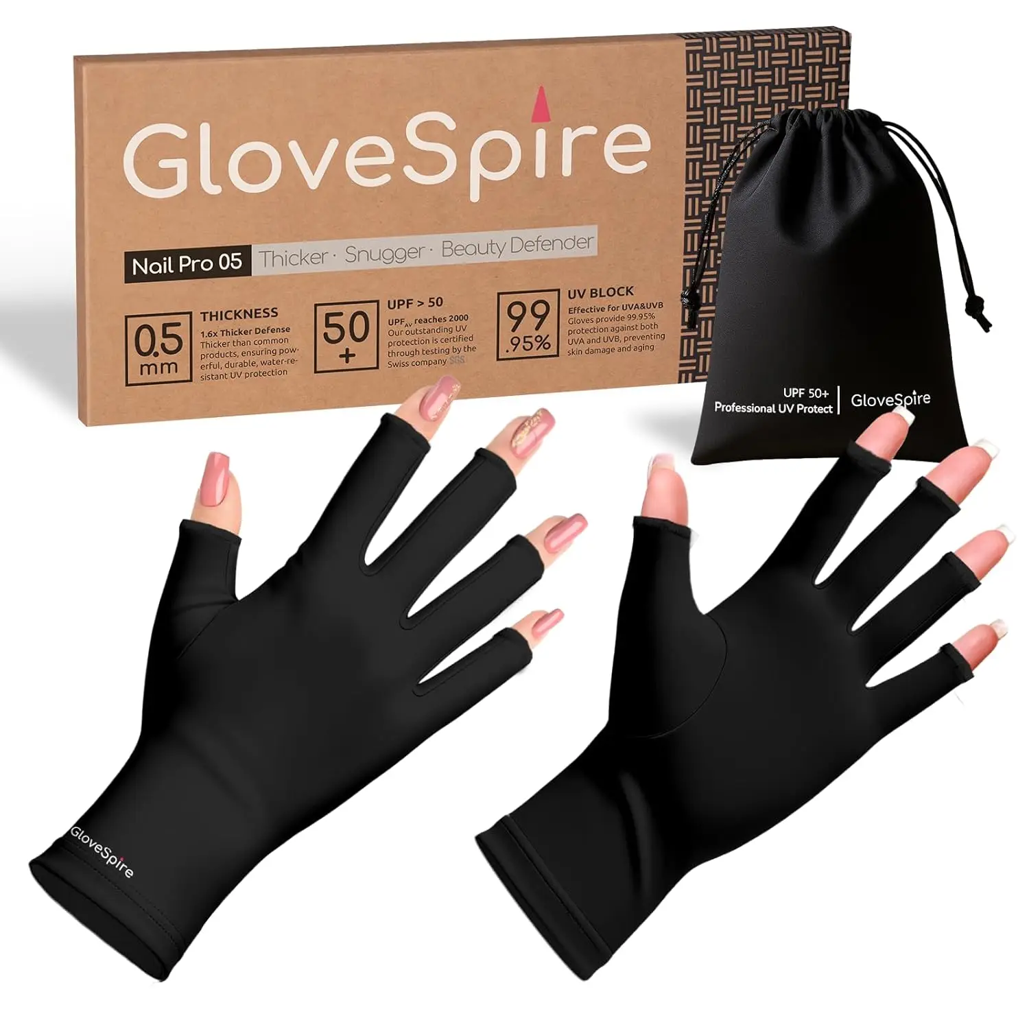 Gants de protection UV pour ongles, UPF50+ sans doigts, noirs, taille unique