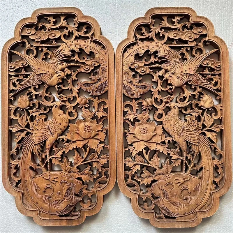 

Phoenix Peony Wooden Carving Ornaments, Exquisite Home Classical Decoration, Auspicious Ornaments, a Pair