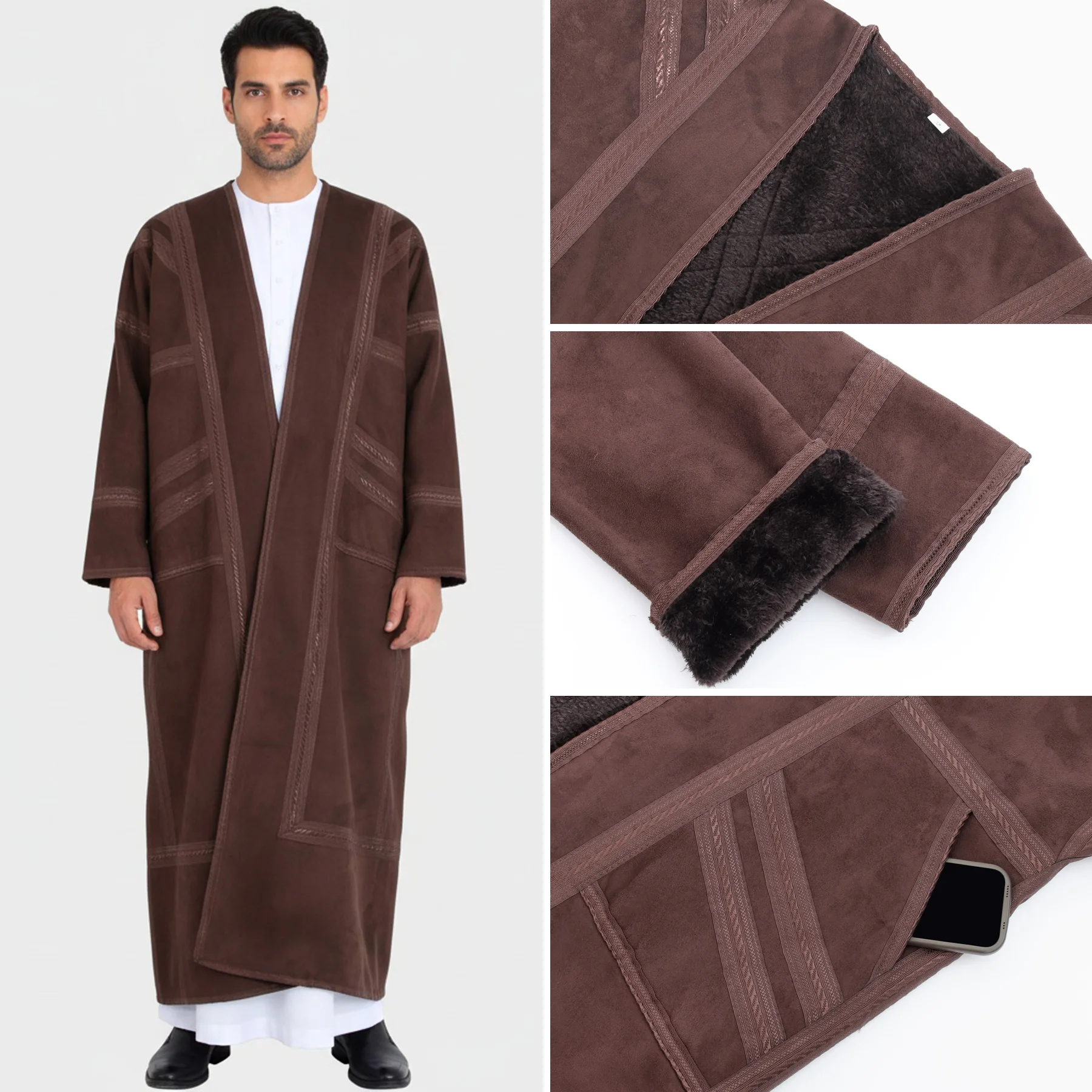 

Мужской арабский кардиган-халат из замши с вышивкой, длинное пальто, исламская молитвенная одежда, повседневная верхняя одежда, традиционная этническая свободная модель