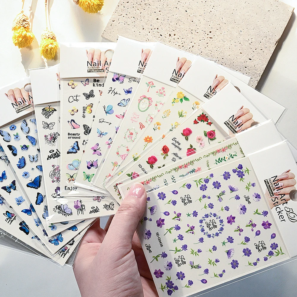 5D Relief Butterfly Flower Nail Stickers Cute Lavender Rose Daisy Swan Wreath Spring Summer Nail Decals Floral Nail Art Supplies
