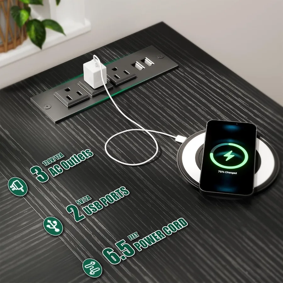 مكتب كمبيوتر 66 لتر على شكل 94.4 بوصة مكتب منزلي مع منافذ طاقة 4 أدراج تخزين قابلة للتعديل 2 حامل شاشة كبير اثنين من Pe #4