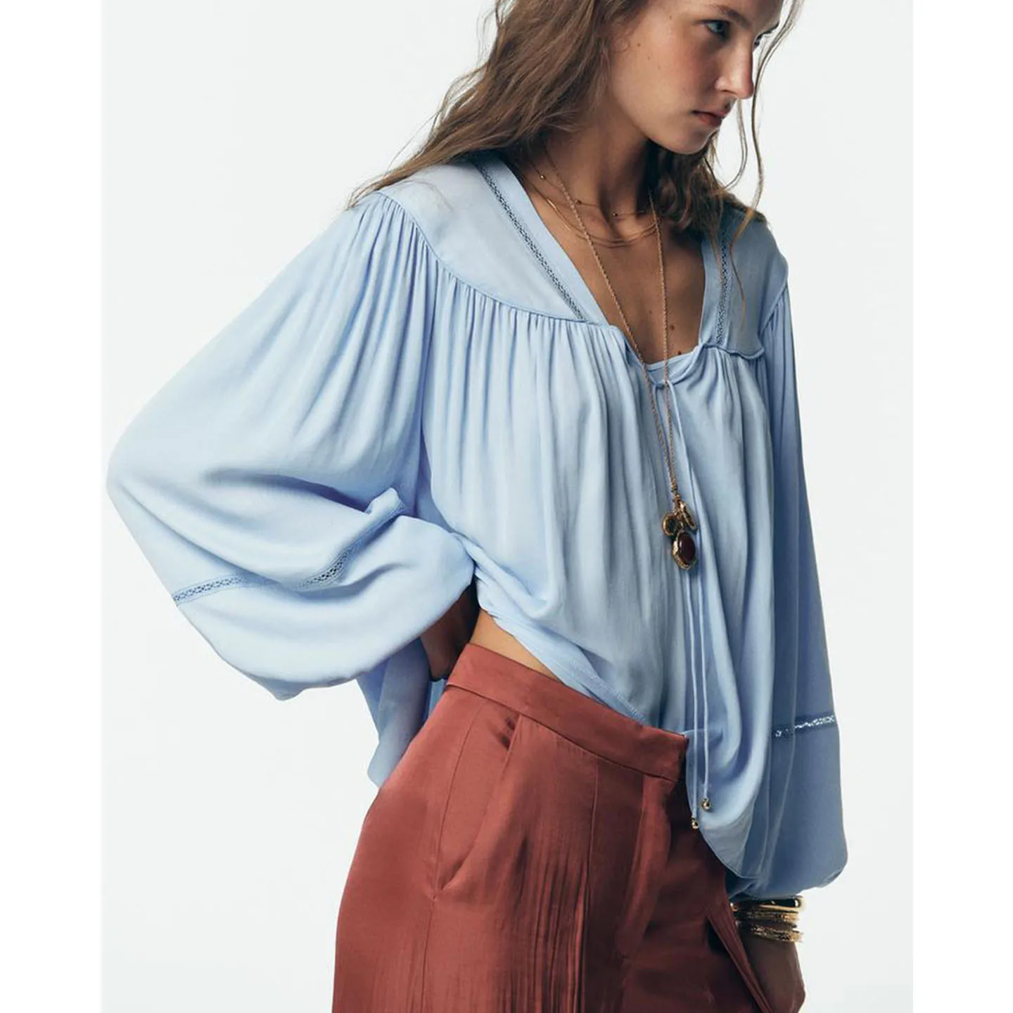 V-Ne Long Sve Vertical Lace irt Lose Hängende Hose Damen Casual Sle Polyesterfaser Dünn Lang irt