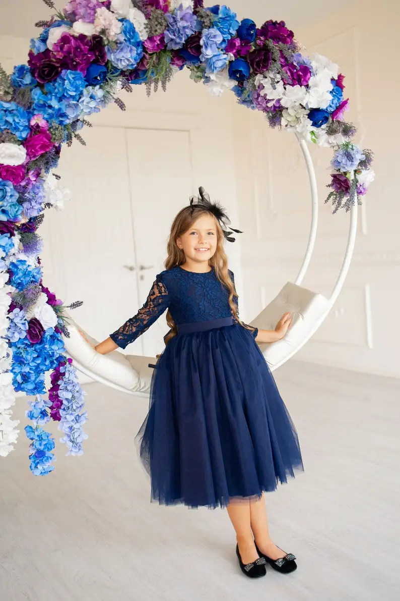 Navy Mommy and Me Dress Mother Daughter Formal Dress for Birthday Long Sleeve Lace Wedding Guest Outfit Photoshoot Gown