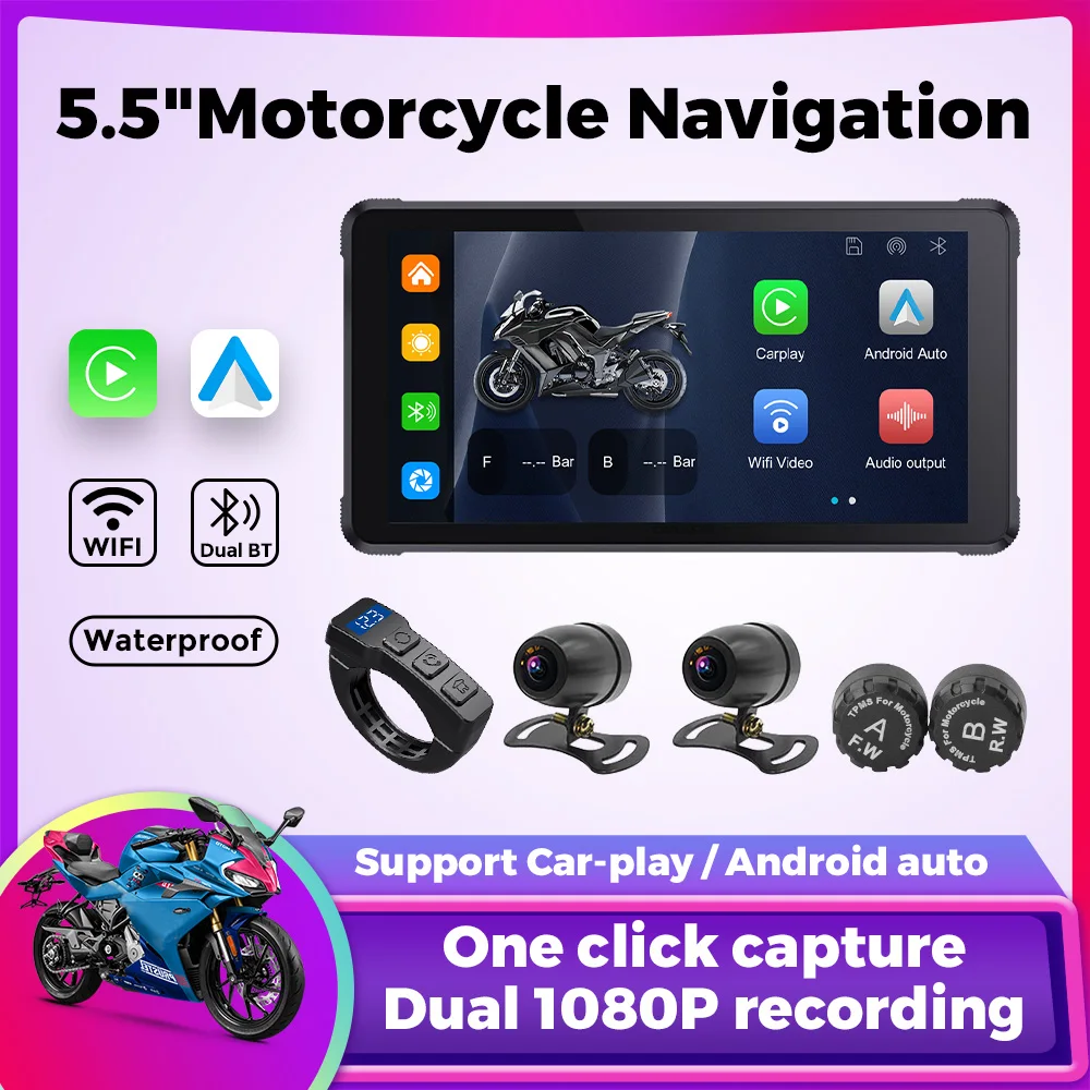 TomoStrong 5.5'' Carplay Motorcycle GPS Navigation Waterproof Monito Carplay Android Auto moto accessories Doul 1080P cam Tpms