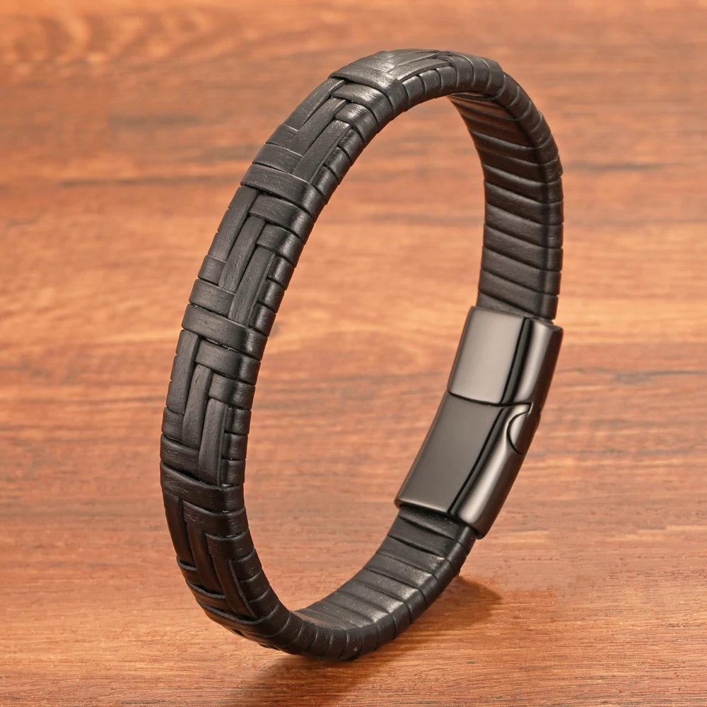 

Европейский и американский Ретро Простой браслет ручной работы Полосатый кожаный Титановый стальной браслет мужской магнитный браслет из нержавеющей стали