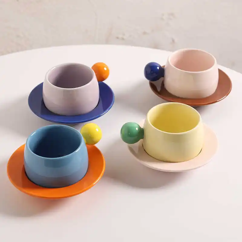 

260ml Splicing Color Design Ceramic Coffee Cup Plate Set Creative Exquisite Suspended Afternoon Tea Gift Water Cup And Dish Sets