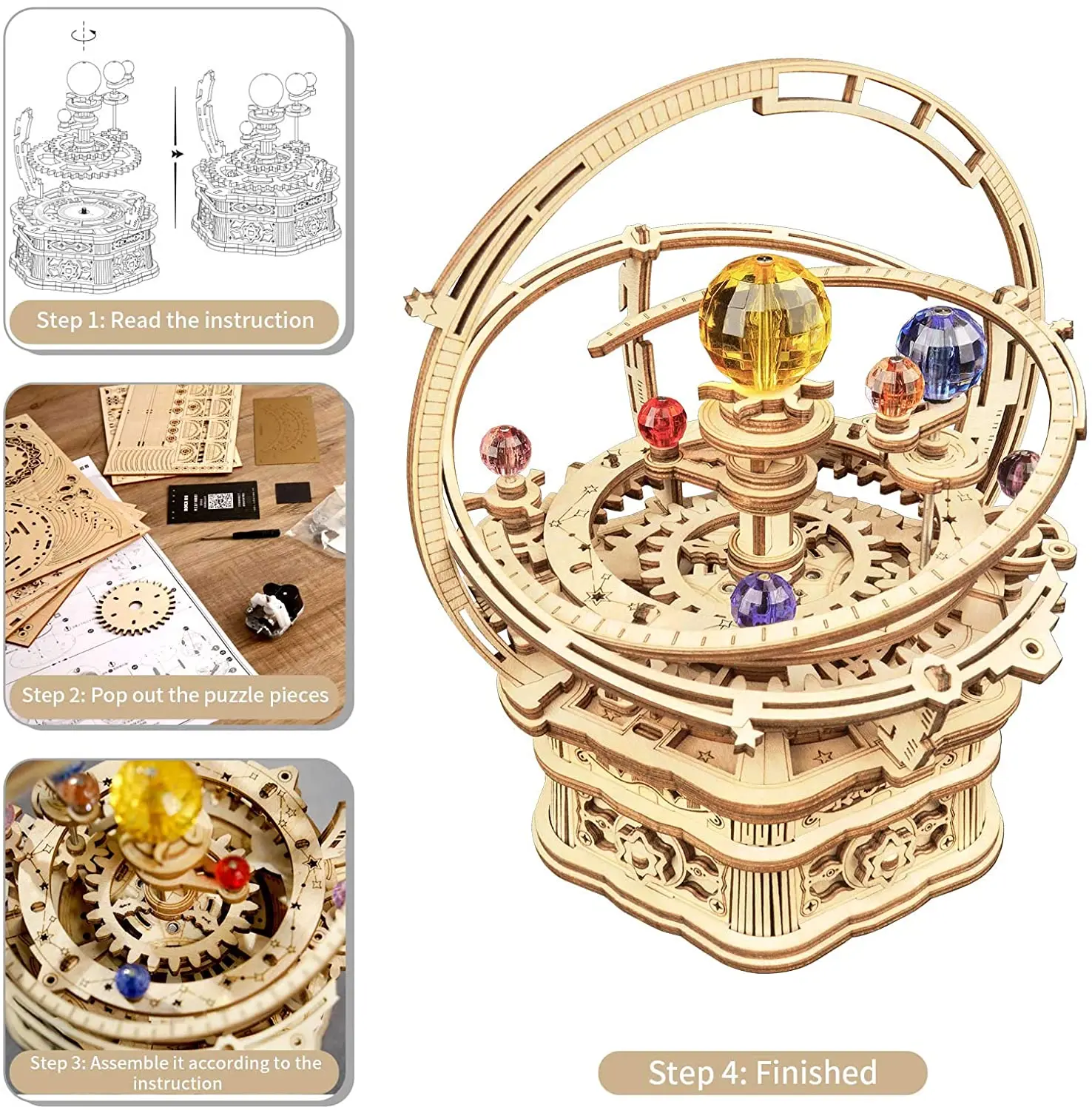 84pcs Rotatable DIY 3D Starry Night Wooden Model Building Kit Block Assembly Music Box Toy Gift for  Adult