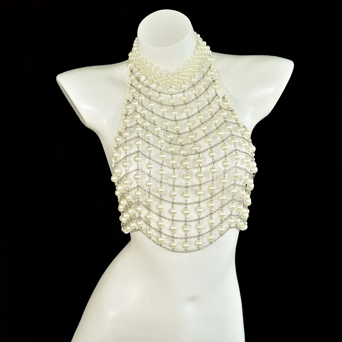 Sexy Beach Lady Body Chain Classic Simple Hollow Pearl Neck Hanging Beaded Stage Performance Dinner Jacket Bra Chain