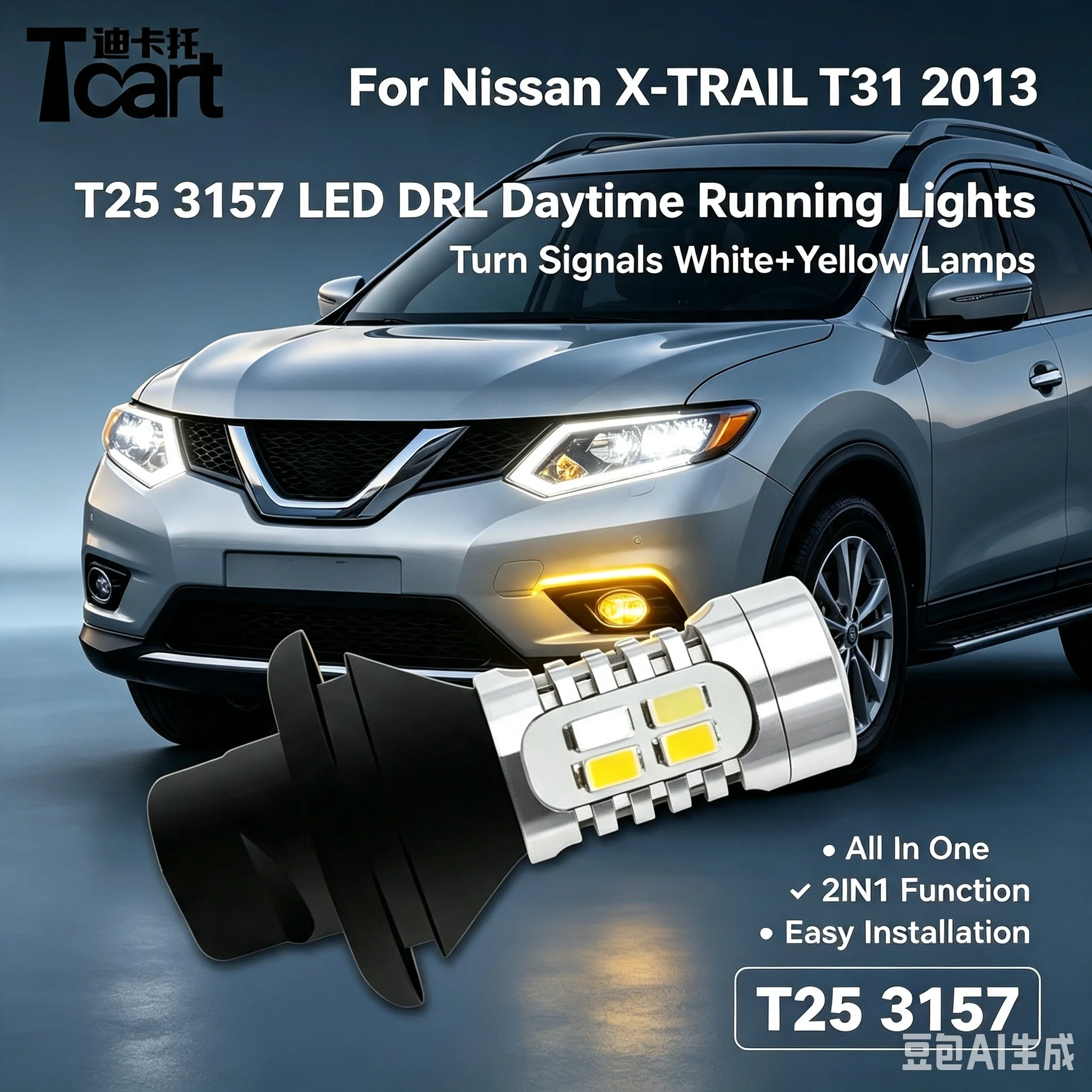 T25 3157 For Nissan X-TRAIL T31 2013 Car Accessories DRL Led Daytime Running Lights Turn Signals White+yellow Lamps All In One