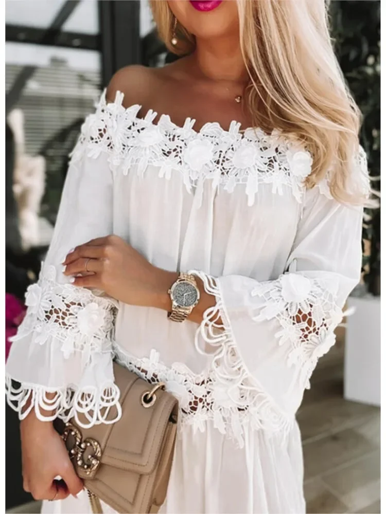 Women's Autumn White Tube Top One Shoulder Dress Women's Hollow Floral Lace Loose Fashion Casual Ladies Clothing