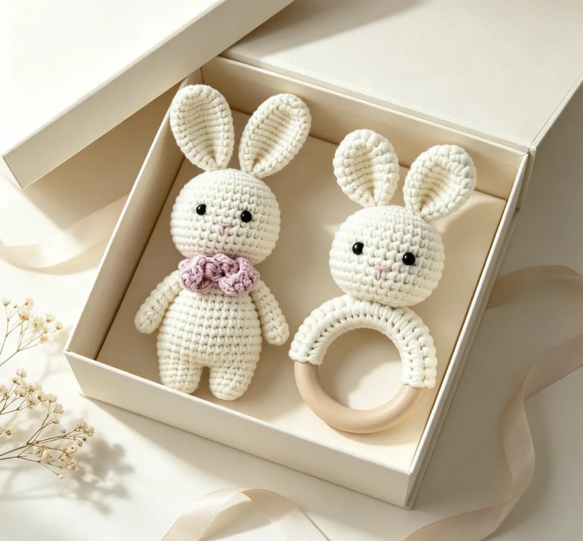 Crochet Cute Bunny Hand Rattle Baby Soothing Doll Newborn Gift Handmade Plush Toy Infant Sleep Aid Nursery Decor Safe Teething