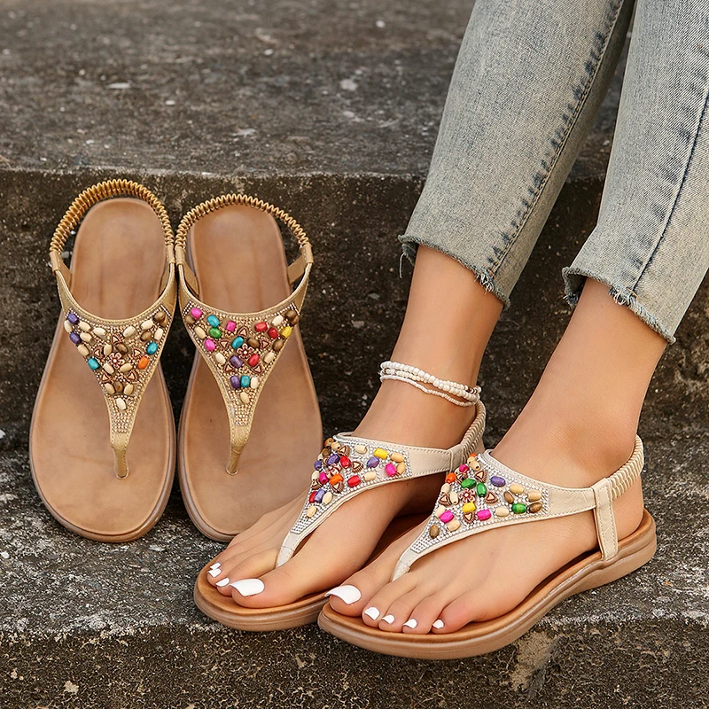 Summer Bohemain Flat Sandals for Women 2024 Colorful Beaded Decor Clip Toe Roman Sandals Woman Soft Sole Non Slip Beach Shoes