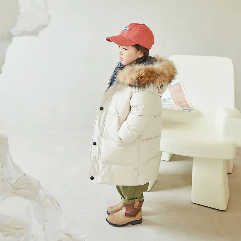 Large Fur Collar Kids Down Padded Jacket Camouflage Boys Cotton Coat Long New Child Outerwears Girls Thick Winter Clothing