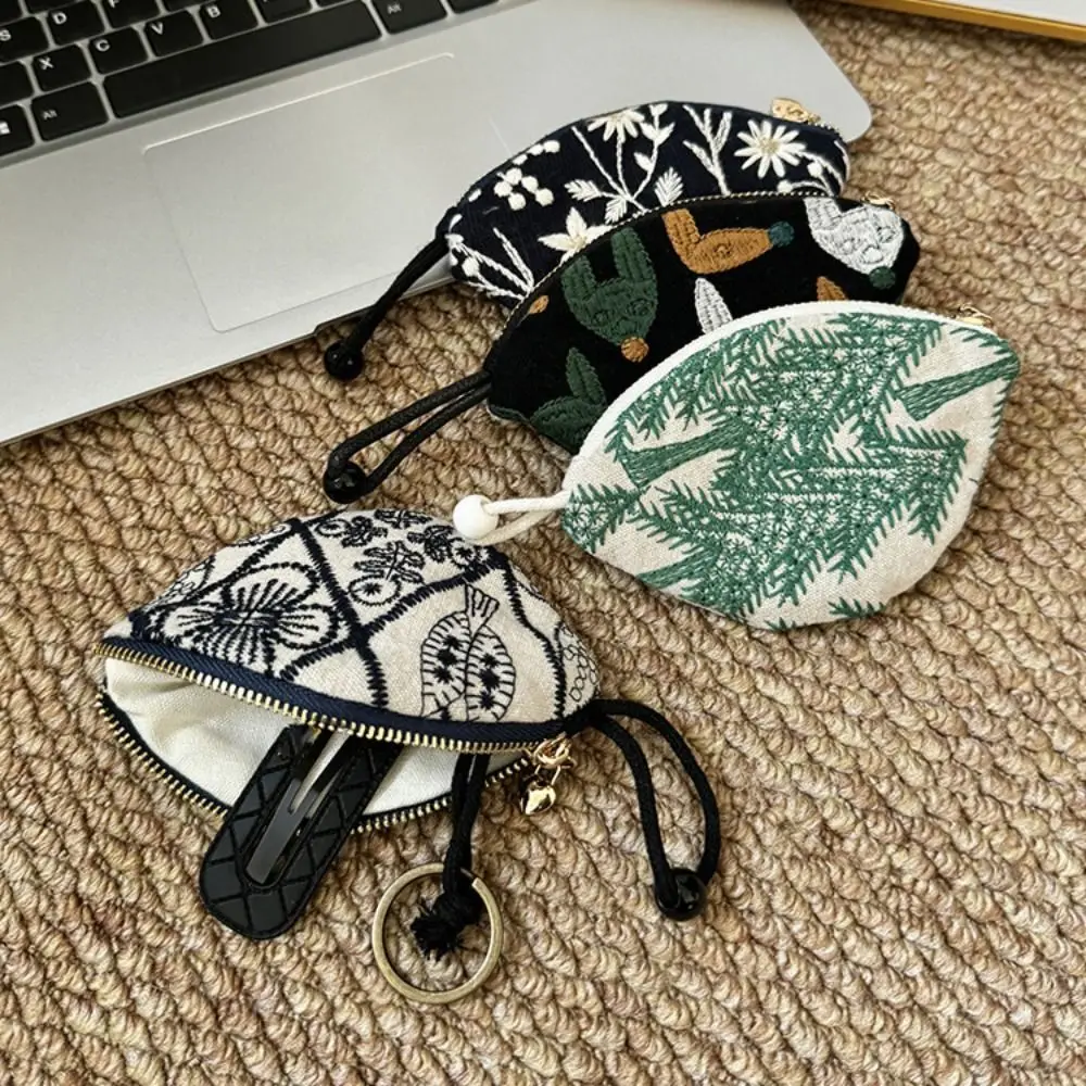 Portable Ethnic Style Coin Purse Cotton Linen Card Holder Pull Type Key Bag Korean Style Zipper Pouch Embroidery Storage Bag