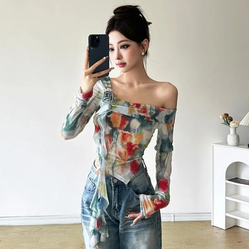 

Винтажные футболки с оборками в стиле Харадзюку, винтажная футболка с принтом тай-дай, 2025 субкультурный облегающий топ для женщин, осенняя укороченная рубашка