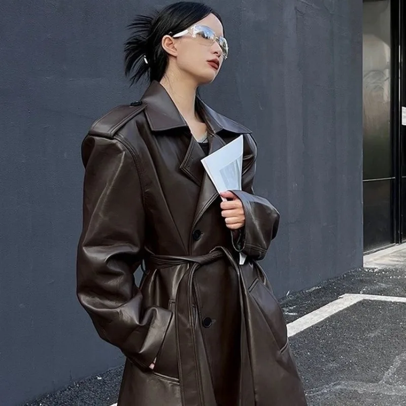 

Heavy Industry Leather Jacket Medium Ong European and American Spice Girls Design Trench Coat Women's PU Leather Knee Coat Tide