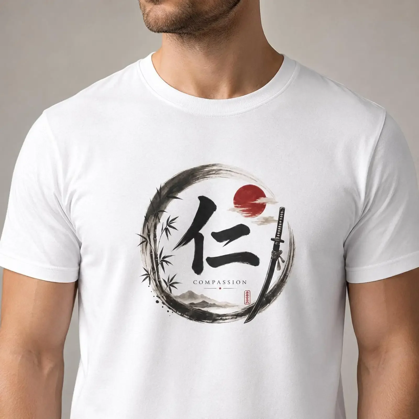Japanese Kanji Compassion T Shirt Bushido Inspired Samurai Philosophy Zen Calligraphy vintage Washed Unisex Casual graphic