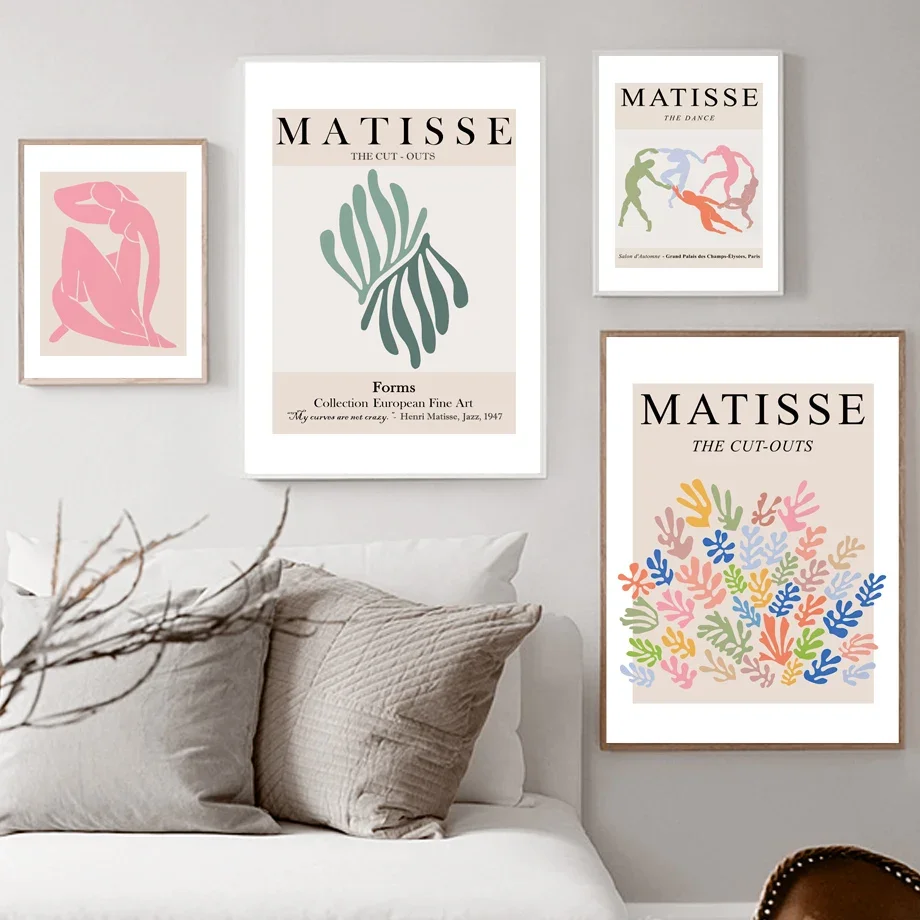 

Abstract Matisse Coral Girl Dance Wall Art Canvas Nordic Living Room Decor Poster Print Modern Geometric Leaf Motif
