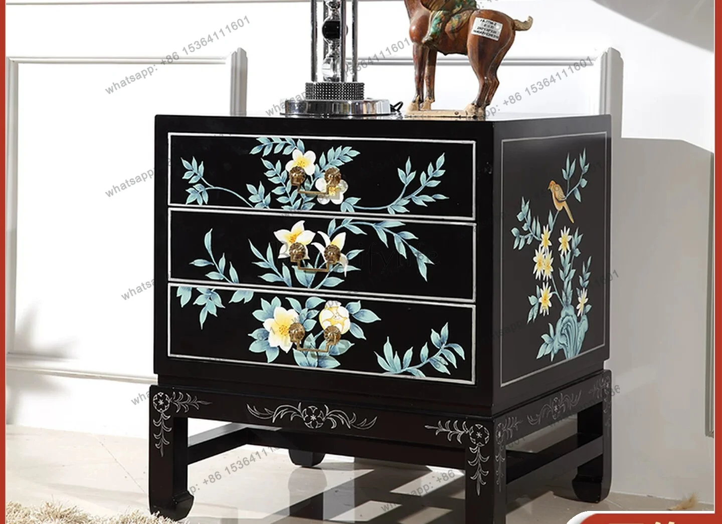 New Chinese black bedside table hand painted magpie living room three bucket cabinet furniture