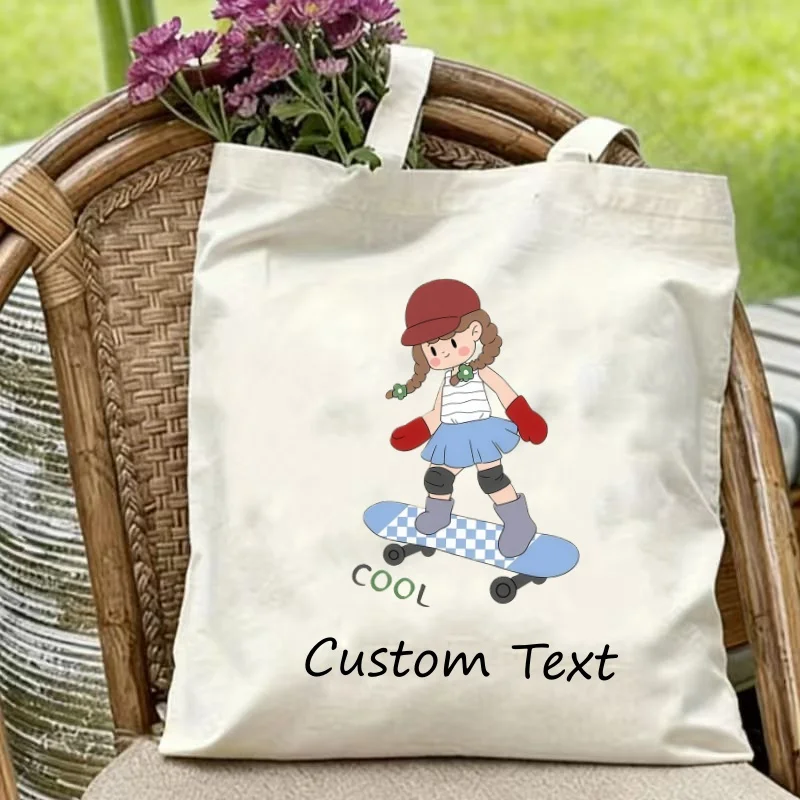 1PC Personalized Skate Girl Tote Bag Custom Text Cool Cartoon Canvas Shoulder Bag Eco Friendly Reusable Shopping Gift Bag