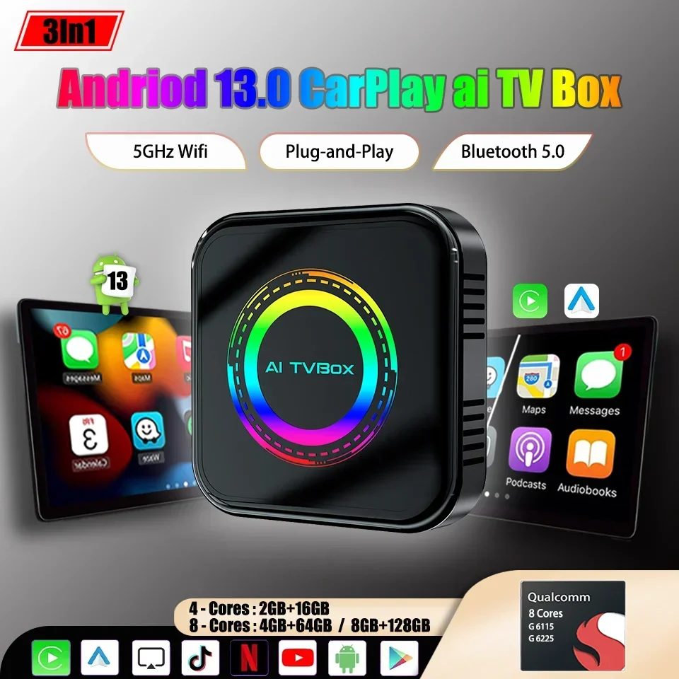 

New Android 13 Ai TV Box QCM 8 Core 128G Android Auto & Apple CarPlay 3In1 Car Smart Led Multimedia Box SIM 4G LTE Plug & Play