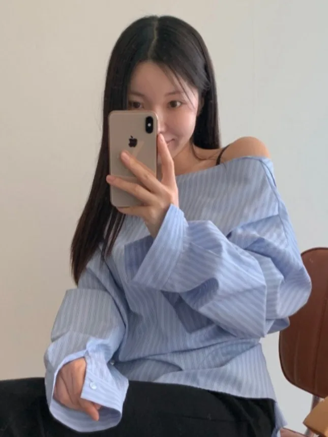 

Women's Stripe irt Spring New Design Sense Waist Cinching Slimming Top Double-Sided Wear oulder Bared Belted irt