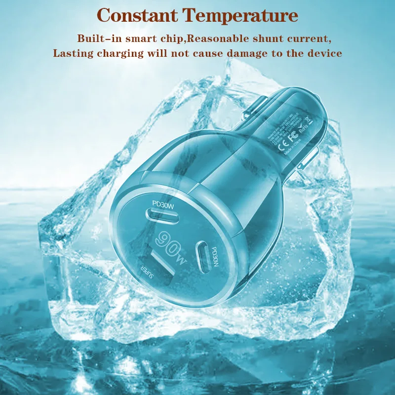 Caricabatteria da auto a 3 porte da 90 W Caricatore super veloce QC3.0 PD30W PPS Caricatore rapido per accendisigari ad alta potenza per iPhone/Huawei/Samsung