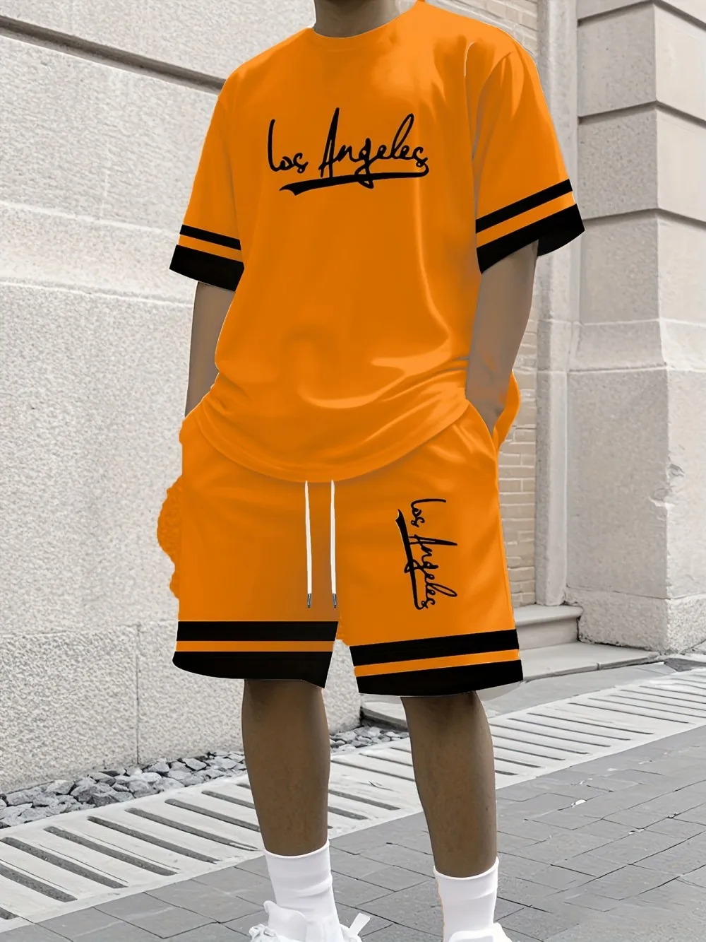 New Men's Summer Gothic Letter Printed Comfortable Breathable Round Neck T-shirt Drawstring Shorts Set Outdoor Casual Wear