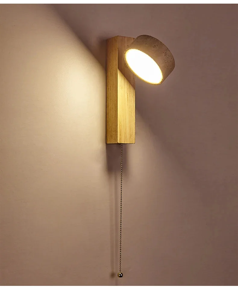 Wandleuchte im Wabi Sabi-Stil, natürlicher gelber Travertinstein, drehbar, mit Zugkettenschalter, LED-Nussbaumholz-Dekorleuchte für Schlafzimmer – Detail 8