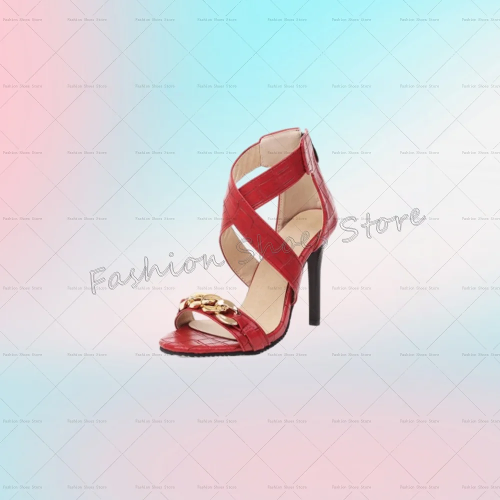 Red Cross Strap Chain Decor Sandals Back Zipper Women Shoes Stilettos High Heels Party Banquet Dating 2025 Zapatos Para Mujere