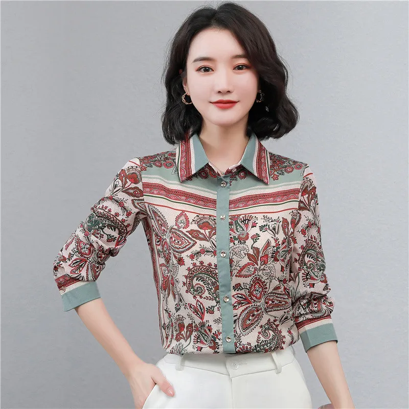 แฟชั่นลําลองเสื้อสํานักงานวินเทจพิมพ์แขนยาวสุภาพสตรีเสื้อ