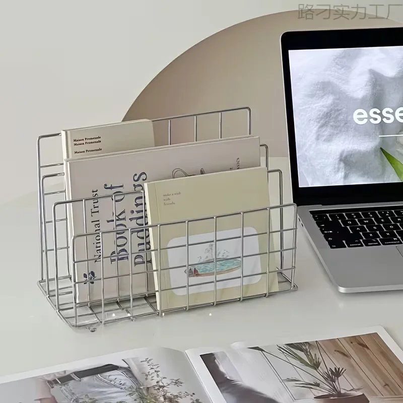 Stylish Metal Office Book Storage Rack with Storage Basket - Modern Magazine And Newspaper Organizer for Desktop Or Drawer