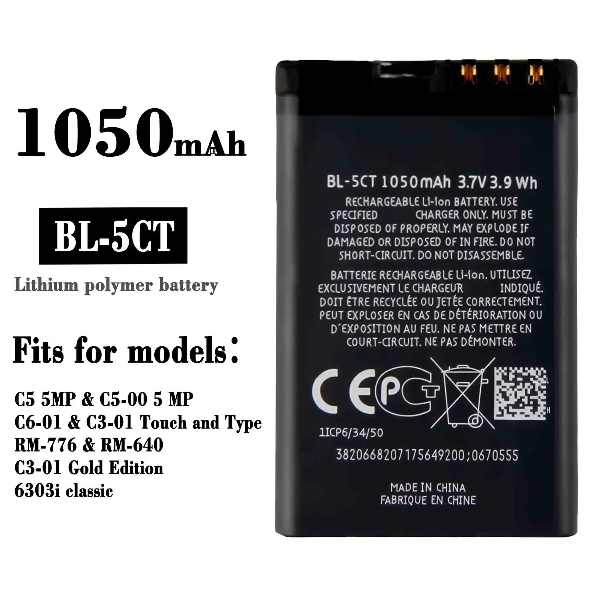 BL-5CT Mobile Phone Replacement Battery For Nokia C5 5MP C6-01 RM-776 RM-640 BL-5CT High Quality Batteries