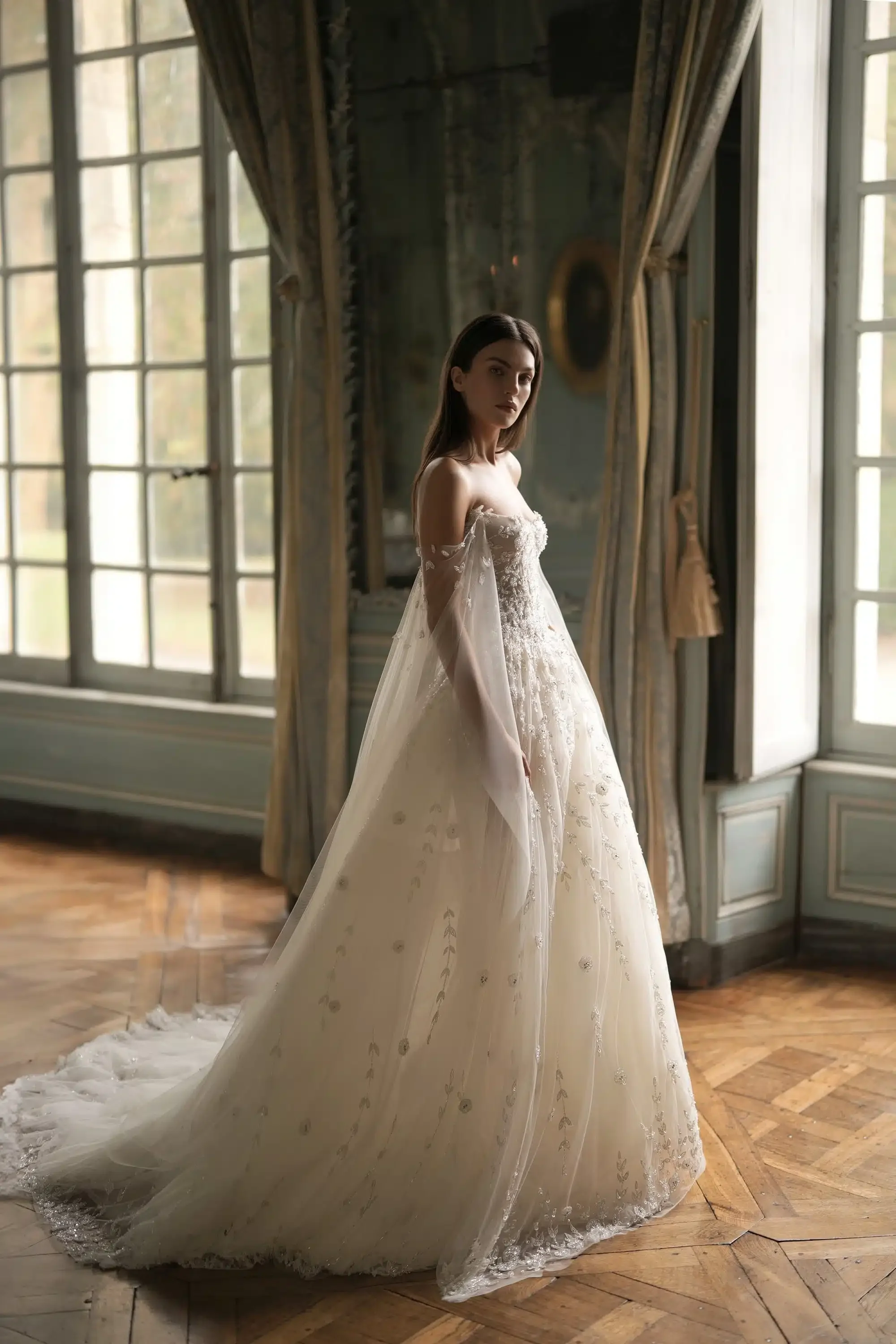 Sharon Said Luxury Off White Floral Beaded Tulle Wedding Dress Off Shoulder Cathedral Train Bridal Gowns SW746 Customized
