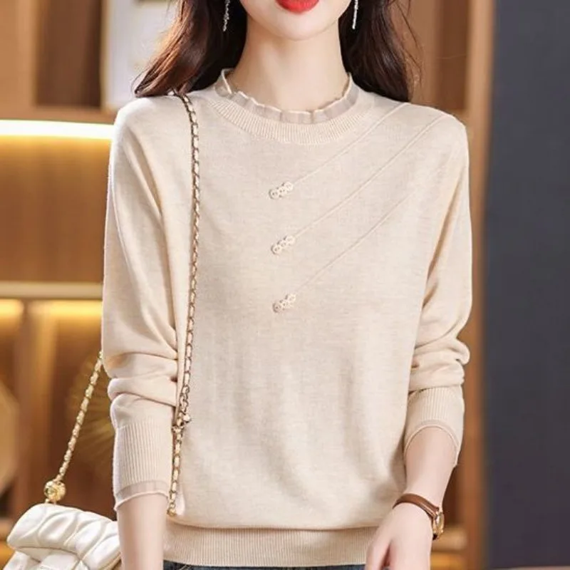Women Spring Autumn Lace Trim Crew Neck Loose Thin Knit Sweater Solid Color Short Base Top