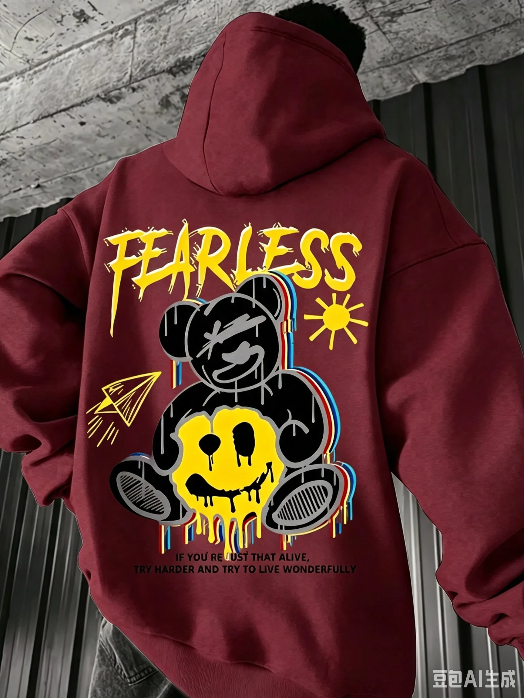 Fall_Winter Men's Fashion Personalized Teddy Bear Graffiti Printed Comfortable Fleece Pullover Outdoor Long-Sleeved Sweatshir