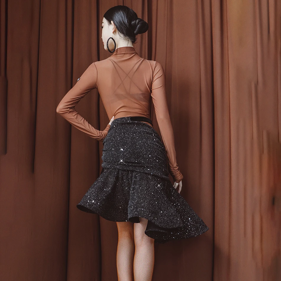 Robe de danse latine à manches longues, body Sexy, jupes noires, ensemble Cha Cha Samba Rumba, vêtements de danse pour spectacle sur scène