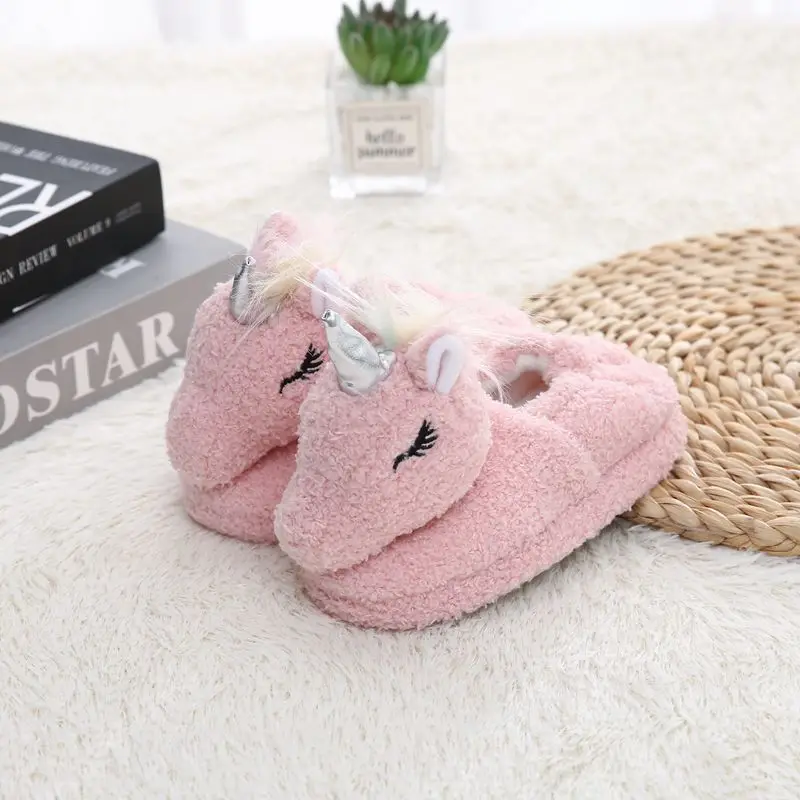 Girls Winter Rainbow Unicorn Slippers Children Cartoon Cartoon Home Shoes Kids Boys Indoor Non-Slip Soft Plush Slipper