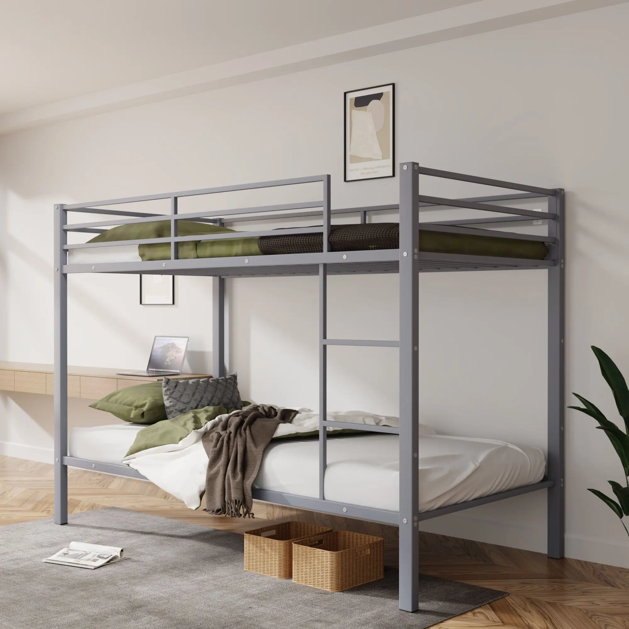 Metal Bunk Bed Twin Over Twin, Low Profile Bunk Bed Frame withBuilt-in Ladder,No Box Spring Required, Gray