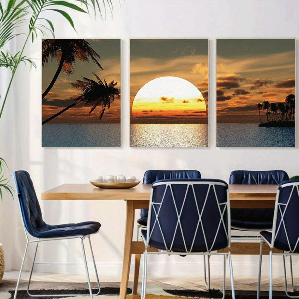 Set of 3 Unframed Canvas Prints Featuring a Tropical Sunset on a Beach, Showcasing Nature'S Wilderness in a Realistic And Col
