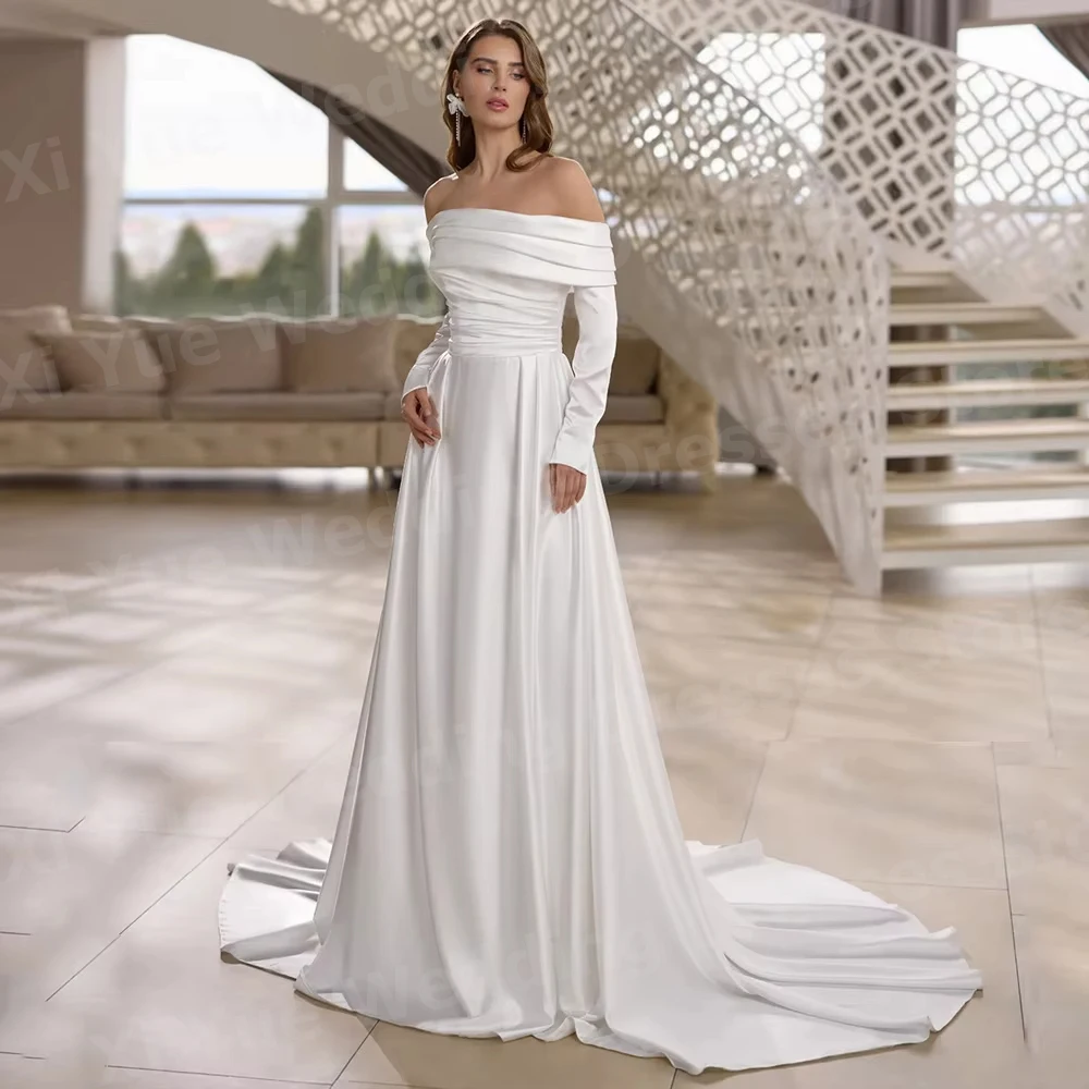 فساتين زفاف بسيطة على شكل حرف A للسيدات أنيقة بدون أكتاف من فيستدو دي نوفيا بأكمام طويلة فساتين العروس مخصصة رداء دي ماري