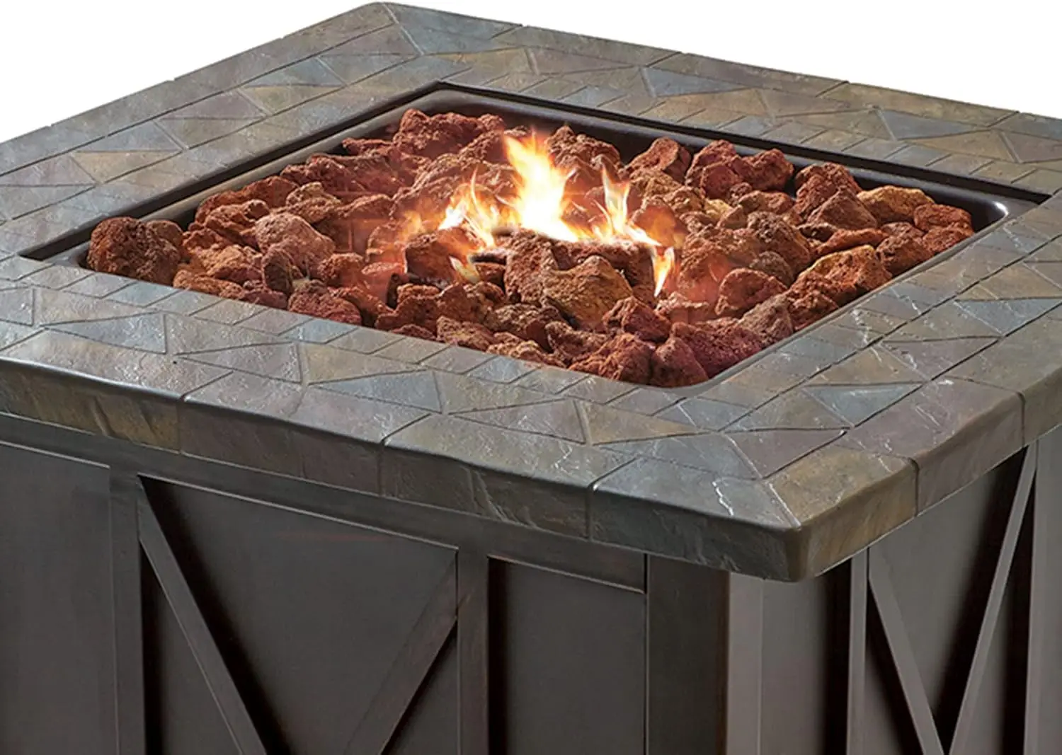 30 Inch Square 30,000 BTU Liquid Propane Gas Outdoor Fire Pit Table w/Push Button Ignition, Lava Rock, & Steel Fire Bowl, Bronze