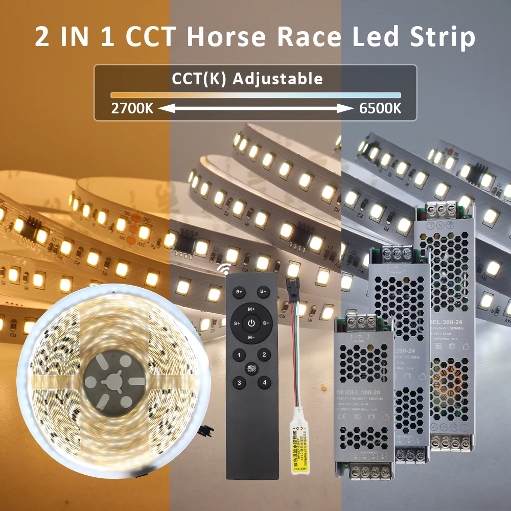 SMD2835 CCT Striscia LED per corse di cavalli 5M 10M 15M Doppio IC bianco Luci per acqua corrente 24V 126 LED/m Lampada a nastro flessibile con