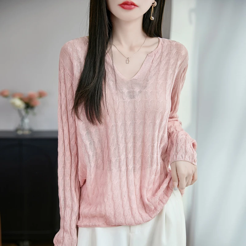 

Laisairga Linen 2025 весенне-летний женский новый корейский модный тонкий однотонный топ с длинными рукавами